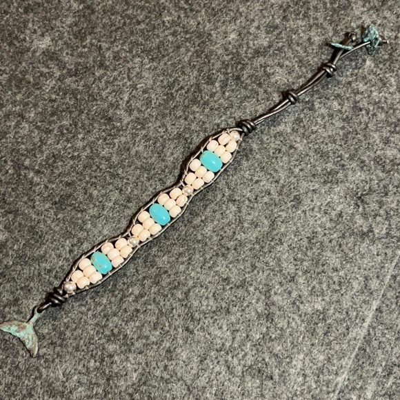 Turquoise Wave leather wrap bracelet. 6" - 7" - Picture 3 of 9